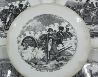 Set of six antique Dutch Napoleon theme plates / dishes by Société Céramique Maestricht 1800s Black & white decor Made in Maastricht Holland