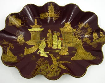 Antique French large scalloped papier mache tray Chinoiserie decor Late 1800s Black, gold, red lacquer Oriental ornament Decorative basket