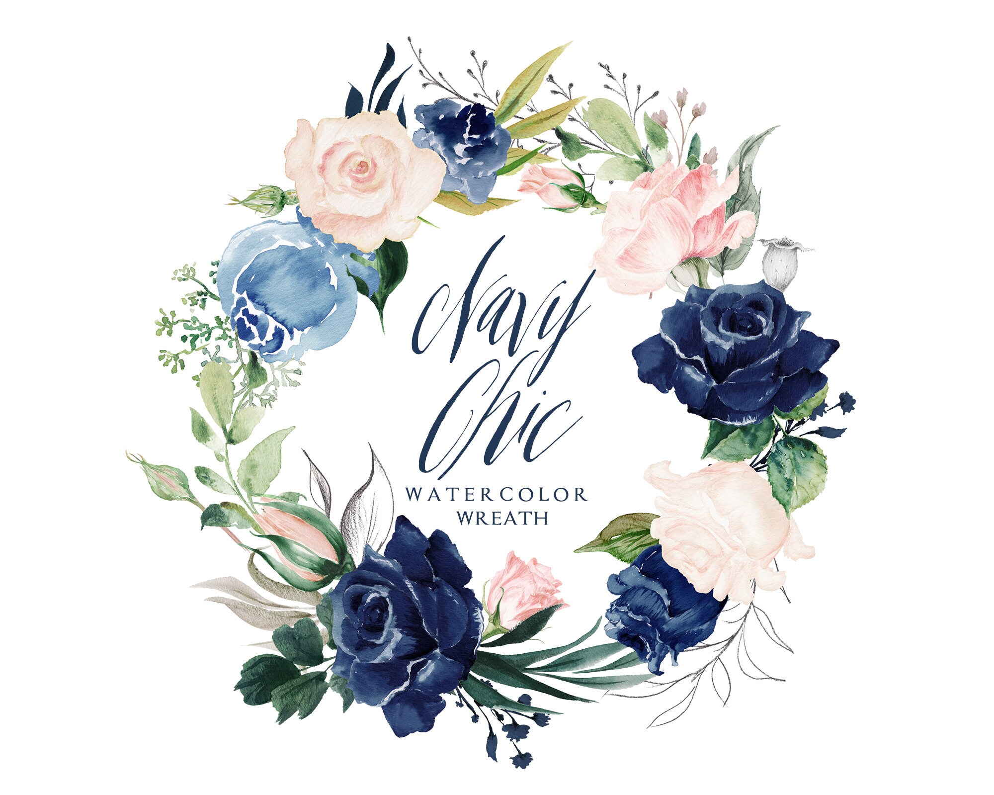 Watercolor Floral Wreath Navy & Blush Wreath Wedding Etsy