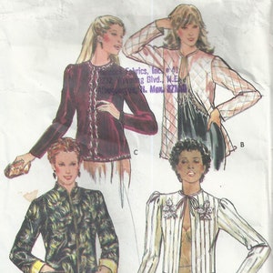May include: A sewing pattern featuring four different styles of jackets. The jackets are shown in various colors and fabrics, including a burgundy velvet jacket, a white and black striped jacket, a black and gold patterned jacket, and a cream-colored jacket with a bow.