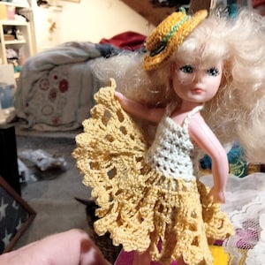 Yellow and white crochet dress, fits 6 inch girl dolls image 1