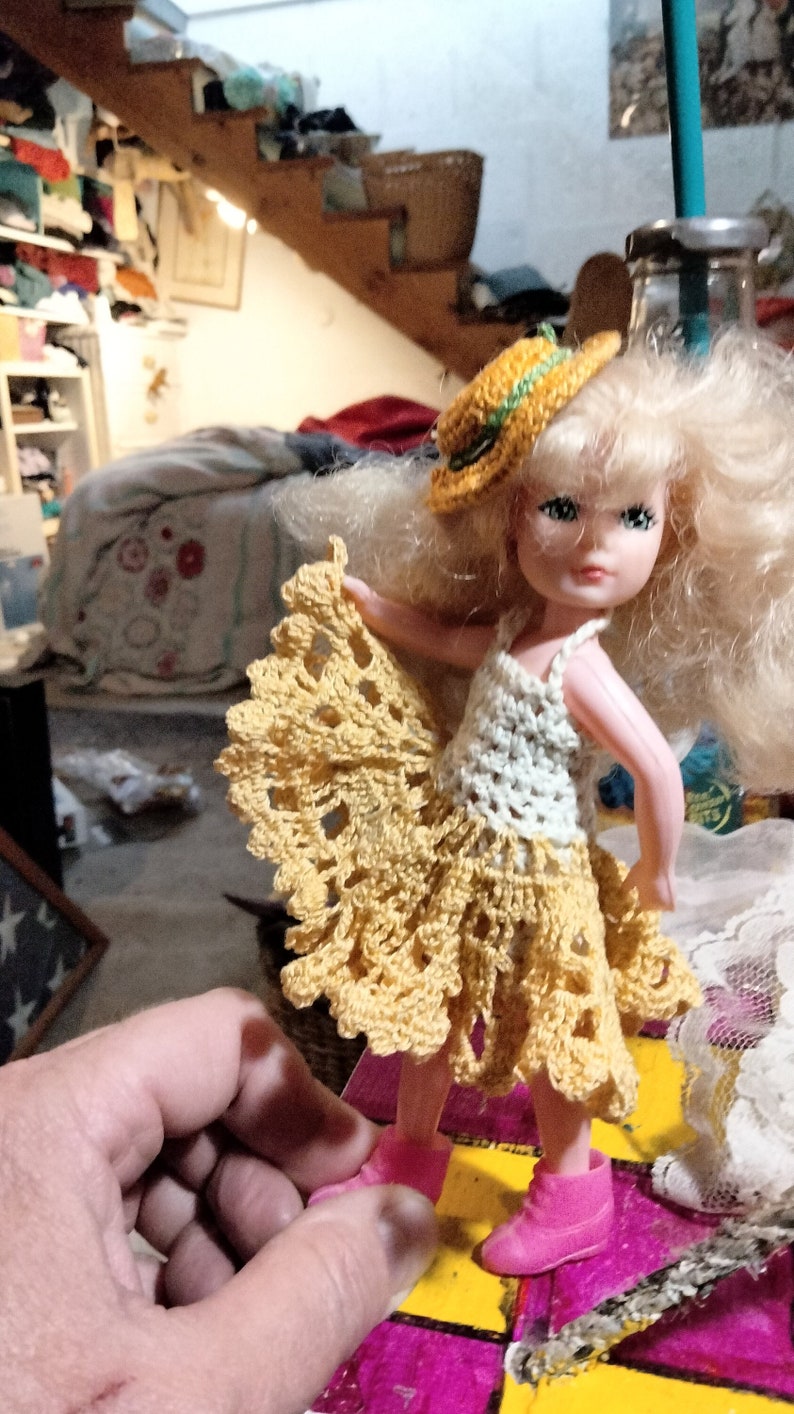 Yellow and white crochet dress, fits 6 inch girl dolls image 1