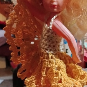 Yellow and white crochet dress, fits 6 inch girl dolls image 2