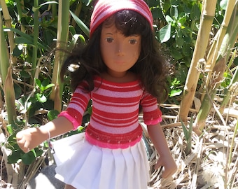 Sparkly pink and red striped sweater, hat and matching socks.  Made from....a pair of socks.  Fits Sasha, and other 16 inch slim dolls
