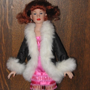 Black fur trimmed coat for 15 inch fashion doll