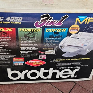May include: A white Brother MFC-4350 multifunction center box with a blue, red, and black design. The box features a photo of the device and text that reads "MFC-4350 600 dpi Laser Printing", "FAX", "PRINTER", "COPIER", "Dual Access", "600 dpi Laser", "Windows 95 compatible", "We're at your side", and "brother".