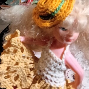Yellow and white crochet dress, fits 6 inch girl dolls image 3