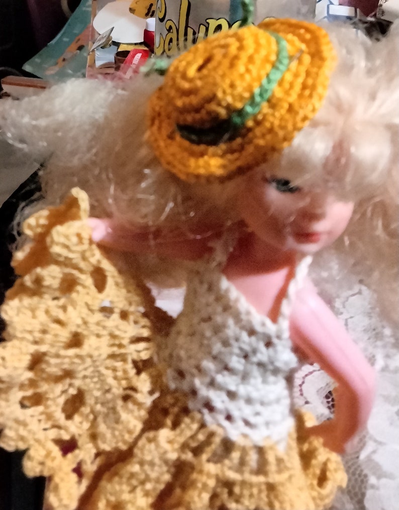 Yellow and white crochet dress, fits 6 inch girl dolls image 3