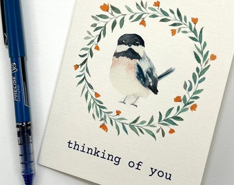 Denken aan jou vogelkaart - Chickadee aquarelkaart - Aanmoediging of Sympathie Vogelkaart