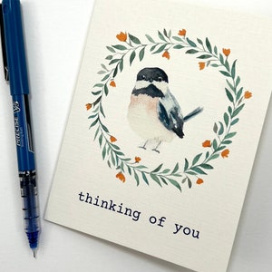 Carte d’oiseau Pensant à vous - Carte aquarelle de mésange - Carte d’encouragement ou de sympathie pour l’oiseau
