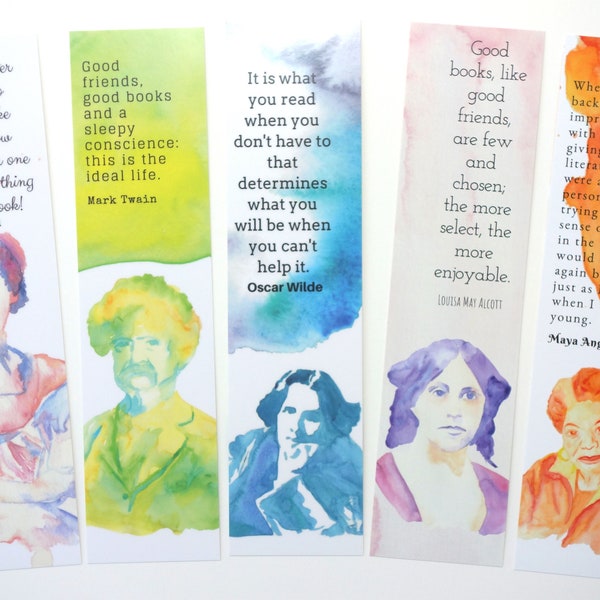 Set of 5 Literary Portrait Bookmarks: Mark Twain, Louisa May Alcott, Maya Angelou, Oscar Wilde & Jane Austen with watercolor illustrations