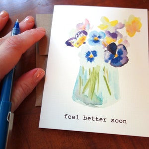 Stiefmütterchen fühlen sich besser bald Karte, handgemalte Aquarell Gute Besserung Karte, fröhliche Blumen Grußkarte
