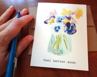 Pansies Feel Better Soon Card, Hand-Painted Watercolor Get Well Card, Cheerful Flower Greeting Card