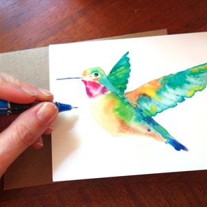 Carte de colibri aquarelle peinte à la main vibrante, carte vierge toutes occasions, ensemble de cartes de notes aquarelle