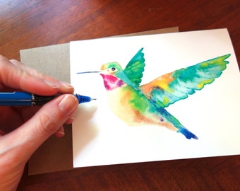 Vibrant Hand-Painted Watercolor Hummingbird Card, Blank All-Occasion Card, Watercolor Notecard Set