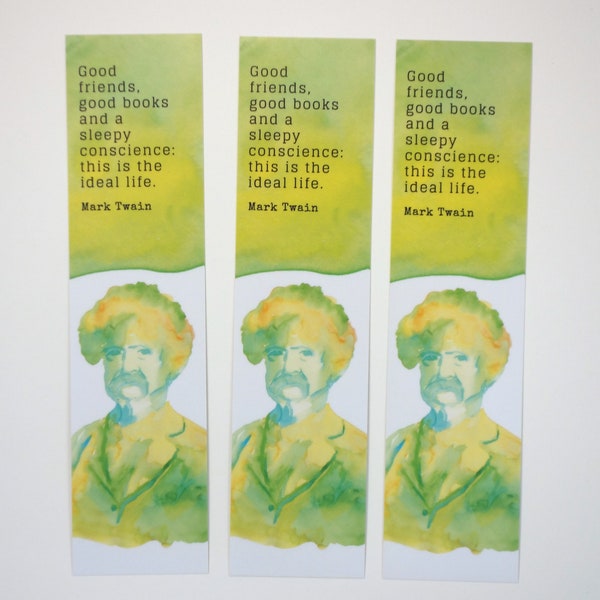 Mark Twain Bookmark with quote "Good friends, good books, and a sleepy conscience." - literary bookmarks with author portrait