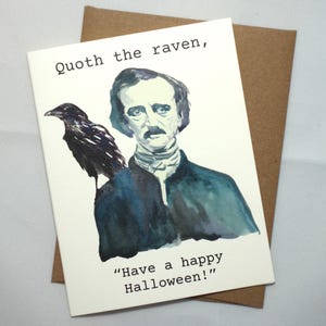 Carte d'Halloween Edgar Allen Poe - lot de cartes d'Halloween corbeau - carte Poe aquarelle