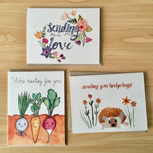 Conjunto de 3 cartões de incentivo/pacote variado de cartões em aquarela: cartão de envio de amor, cartão de torção por você e cartão de abraços de ouriço