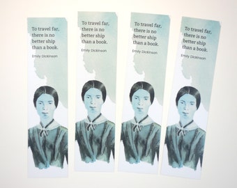 Emily Dickinson Bookmark with quote "To travel far, there is no better ship than a book" - literary bookmarks with author portrait