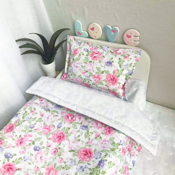 American doll bedding, 18 in doll bedding, doll house bedding, girl doll blanket, custom doll bedding, floral 18 inches bed set, pink flower