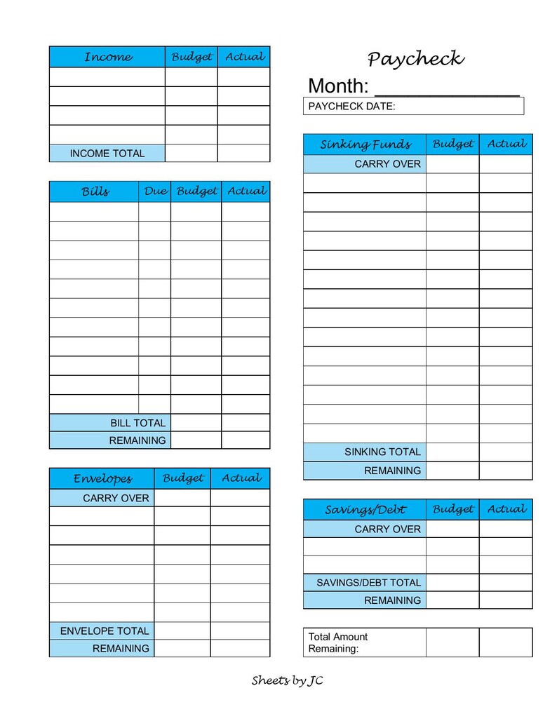 Paycheck Tracker And Cash Breakdown Blue Etsy