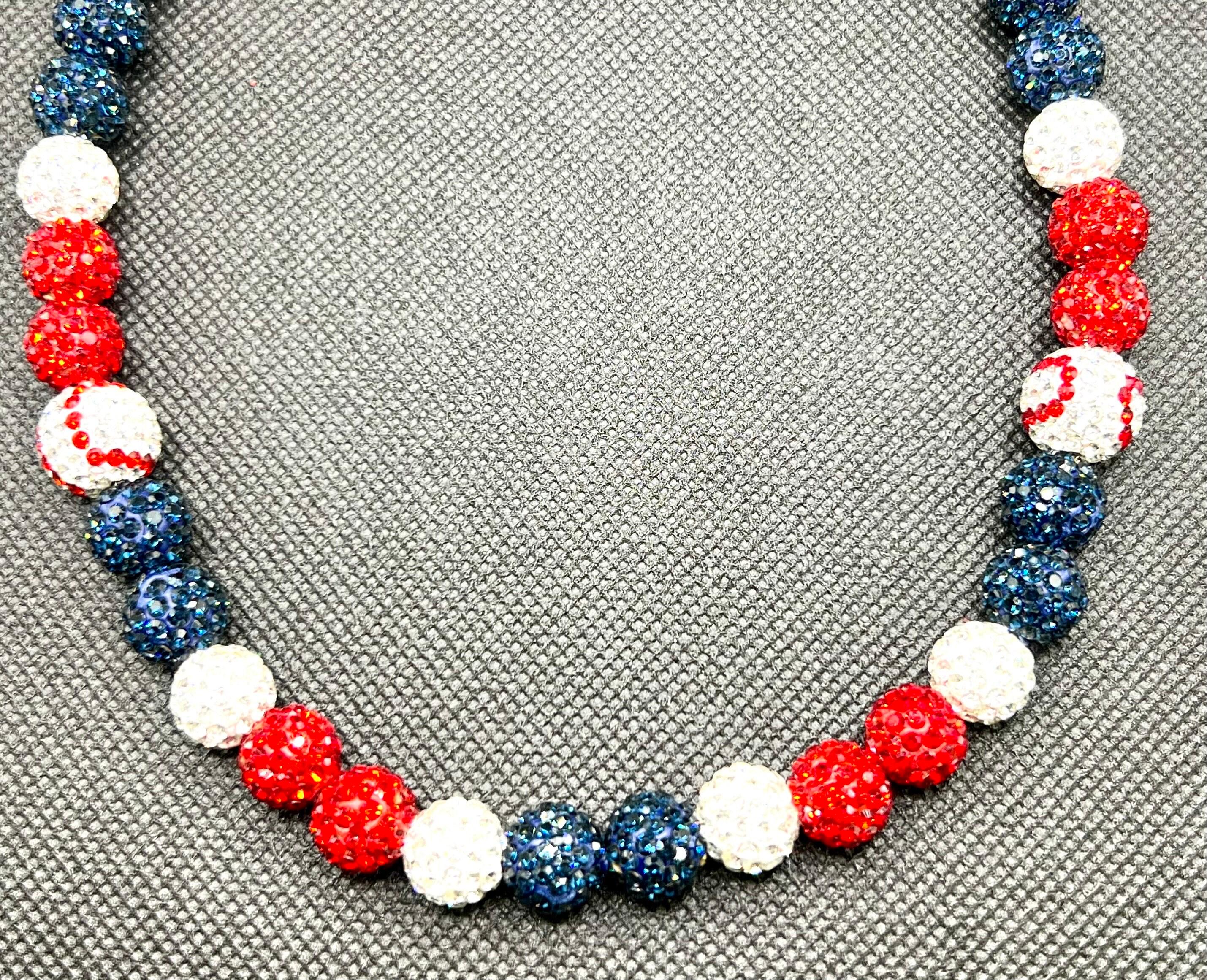 Baseball Rhinestone Necklace - Patriotic theme- July 4- Red, White and Blue with baseball rhinestone beads