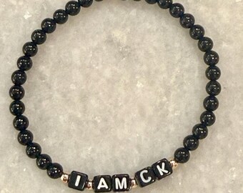 Patriotic Beaded Stretch Bracelet: Black Spinel, American Flag