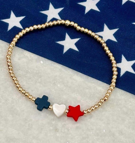 God Family Country Bracelet – 14K Gold Filled Beads with Cross Heart Star – Christian Faith Freedom Jewelry