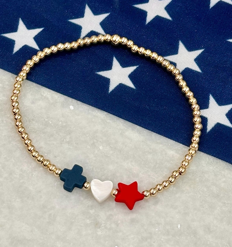 God Family Country Bracelet – 14K Gold Filled Beads with Cross Heart Star – Christian Faith Freedom Jewelry bild 1