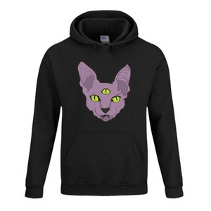 May include: Black hooded sweatshirt with a purple cat with three green eyes printed on the front.
