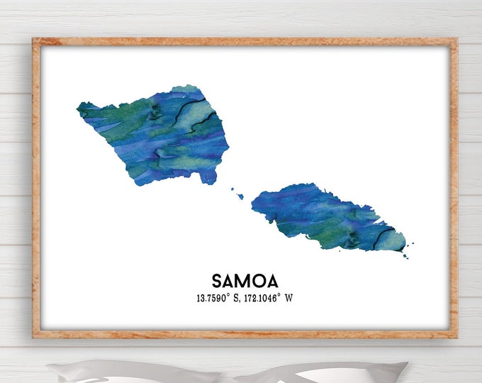 Samoa Dark Watercolour Map Digital Print