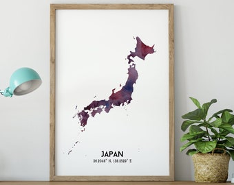 Japan Dark Watercolour Map Digital Print
