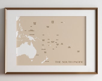 The South Pacific Map / Neutral Color / Digital or Printed Wall Art / Large Map Poster / Gift Idea / Giclee Print / Home Decor / Vintage Map