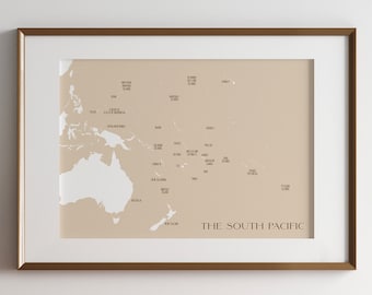 The South Pacific Map / Neutral Color / Digital or Printed Wall Art / Large Map Poster / Gift Idea / Giclee Print / Home Decor / Vintage Map