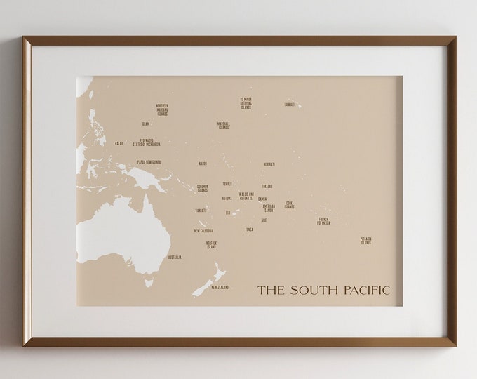 Featured listing image: The South Pacific Map / Neutral Color / Digital or Printed Wall Art / Large Map Poster / Gift Idea / Giclee Print / Home Decor / Vintage Map