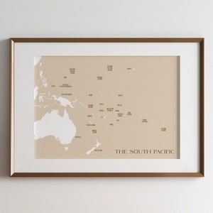 Mapa Południowego Pacyfiku / Neutralny kolor / Cyfrowa lub drukowana sztuka ścienna / Duży plakat z mapą / Pomysł na prezent / Wydruk giclee / Wystrój domu / Mapa vintage