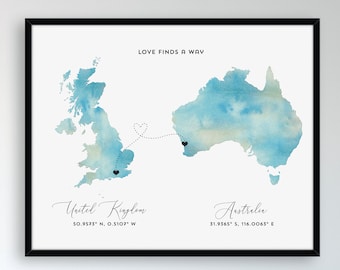 Digital Long Distance (2 state/countries) Coordinates and Quote Map Print