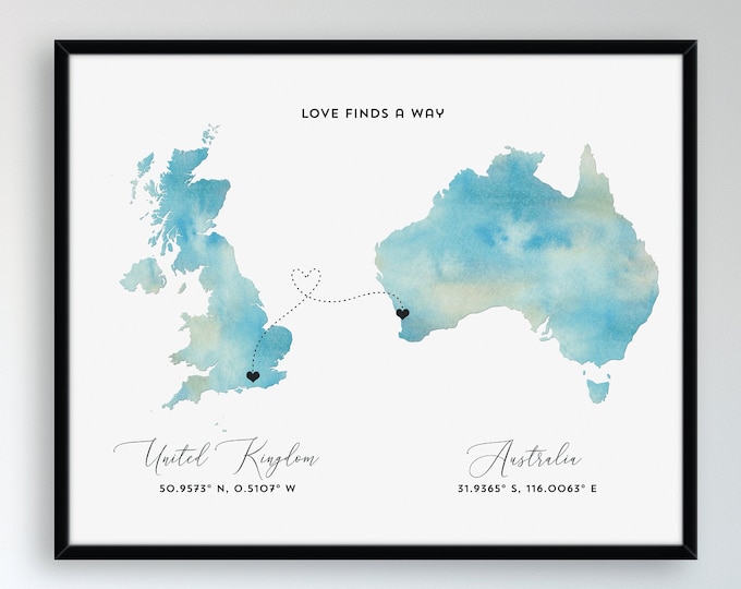 Digital Long Distance (2 state/countries) Coordinates and Quote Map Print