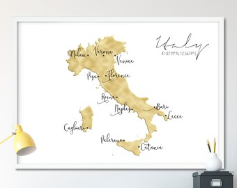 Italy Labelled Metallic Map Digital Print