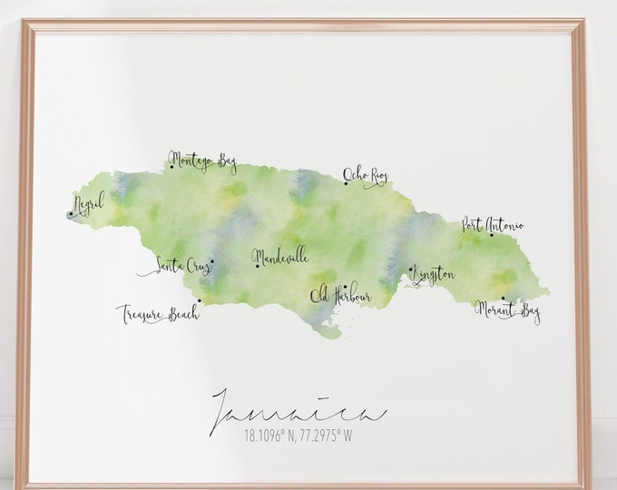 Jamaica Map Labelled Watercolour Landscape Map