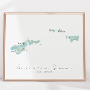 Mappa delle Samoa americane / Etichettata acquerello / Arte murale digitale o stampata / Grande poster mappa / Idea regalo / Stampa giclée / Decorazione per la casa