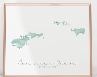 American Samoa Map / Labelled Watercolour / Digital or Printed Wall Art / Large Map Poster / Gift Idea / Giclee Print / Home Decor