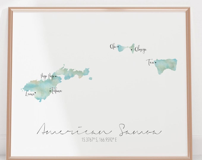 American Samoa Map / Labelled Watercolour / Digital or Printed Wall Art / Large Map Poster / Gift Idea / Giclee Print / Home Decor