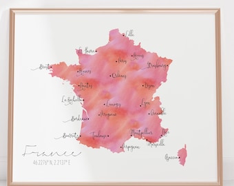 France Map / Labelled Watercolour / Digital or Printed Wall Art / Large Map Poster / Gift Idea / Giclee Print / Home Decor