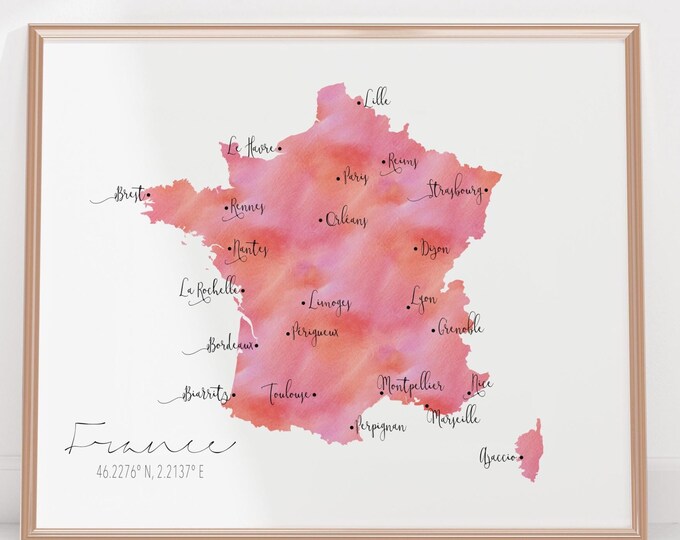 France Map / Labelled Watercolour / Digital or Printed Wall Art / Large Map Poster / Gift Idea / Giclee Print / Home Decor