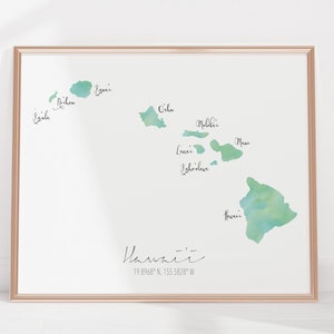 Hawaii Karte / Beschriftetes Aquarell / Digitale oder gedruckte Wandkunst / Große Karte Poster / Geschenkidee / Giclée Print / Wohndeko