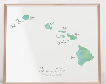 Hawaii Map / Labelled Watercolour / Digital or Printed Wall Art / Large Map Poster / Gift Idea / Giclee Print / Home Decor