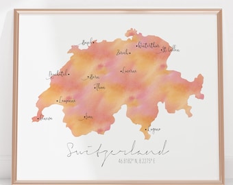 Switzerland Map / Labelled Watercolour / Digital or Printed Wall Art / Large Map Poster / Gift Idea / Giclee Print / Home Decor