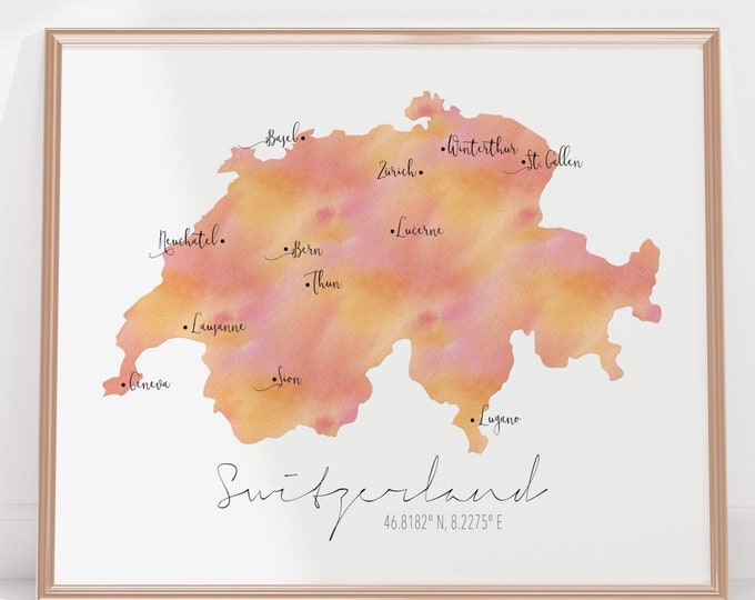 Switzerland Map / Labelled Watercolour / Digital or Printed Wall Art / Large Map Poster / Gift Idea / Giclee Print / Home Decor