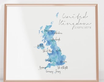 United Kingdom Great Britain Map / Labelled Watercolour